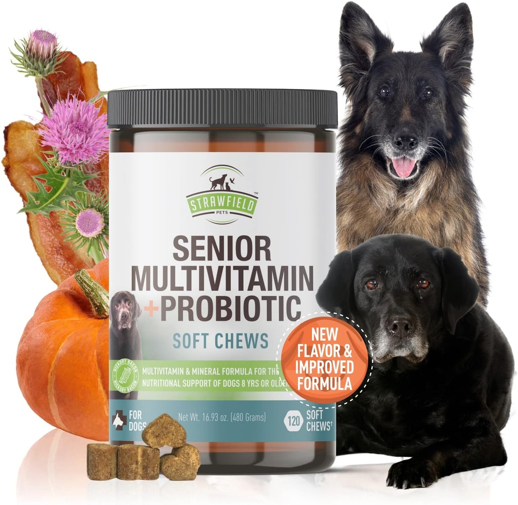 Strawfield Pets 수석 Multivitamin + 우유를 가진 개를위한 Probiotics 이틀 관절 지원 개 베이컨 맛 120 소프트 체스에 대한 보충