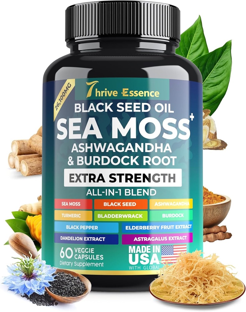 Sea Moss Extract, Black Seed Oil, Ashwagandha, Turmeric & More – 10in-1 Black Pepper & Elderberry와 허브 보충 – 60 캡슐