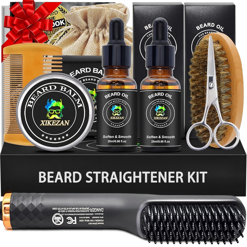 XIKEZAN Beard Kit for Men Grooming & Straightening Set,w/Beard Straightener, 2 Pack Oil, Balm, Comb, Scissor, Brush, 생일 발렌타인 선물을 위한 아버지 남자 Boyfriend Christmas Stocking Stuffers