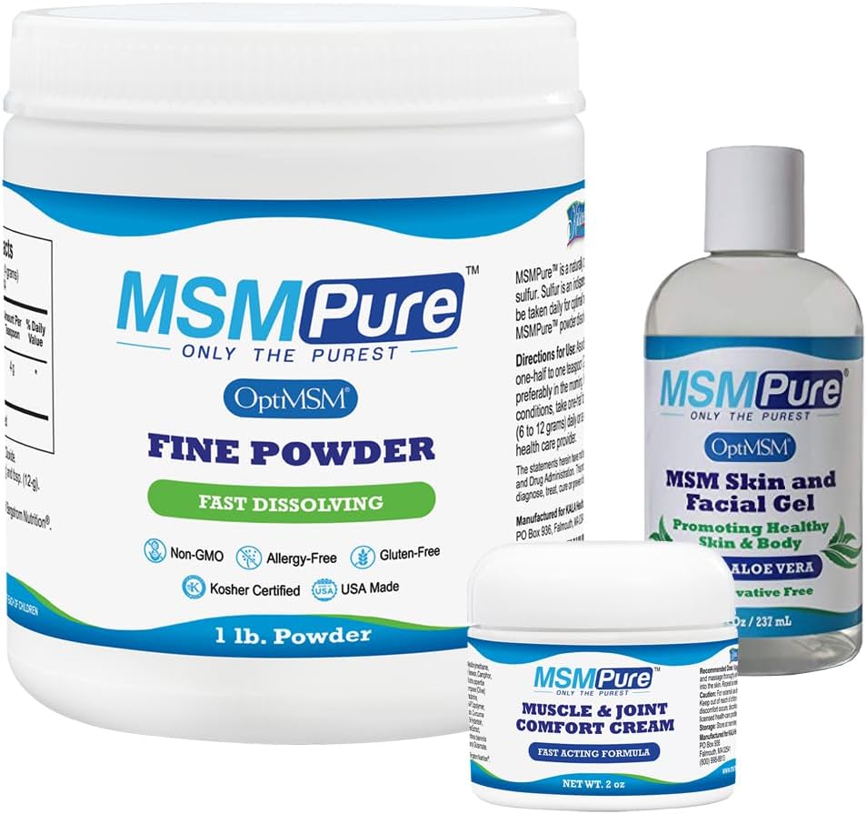 KALA HEALTH MSM 정밀한 분말 1lb, MSM 근육 & 합동 크림 2oz 및 유기 알로에 8oz를 가진 MSM 젤을 가진 MSMPure 시동기 뭉치