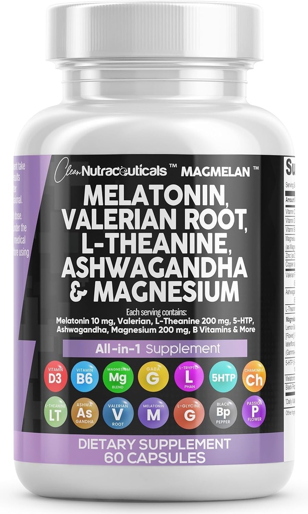 Clean Nutraceuticals Melatonin 10mg Valerian Root L Theanine 200mg Ashwagandha - Magnesium Complex, Lemon Balm, Chamomile 및 열정 꽃이있는 여성 및 남성을위한 수면 지원 - 60 캡