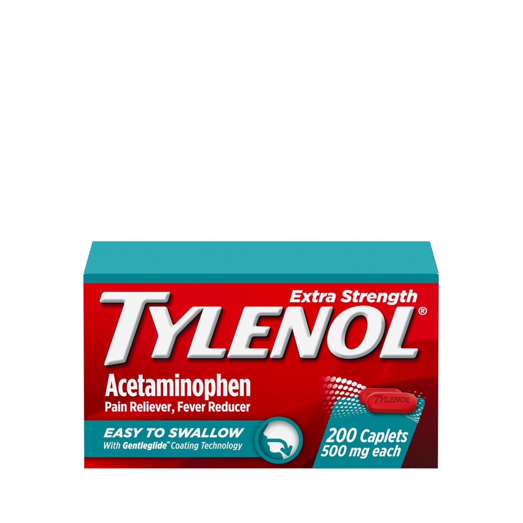 Tylenol 여분 힘 쉽게 삼키기 Acetaminophen, 고통 Reliever & Fever 흡진기는 Gentleglide 기술, 500 mg 여분 힘 Acetaminophen, 200 ct를 가진 성인을 위한 모자를 입혔습니다