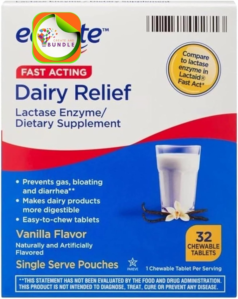 Equate 빠른 행동 낙농장 기복 Lactase 효소 규정식 보충교재 바닐라 풍미 chewables 정제 32 조사 (1의 포장) + CreativeAndBundle 스티커