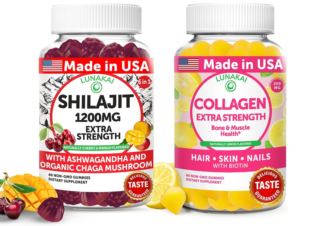 Lunakai USA Made Shilajit & Collagen Extra Strength Gummies Bundle – 에너지, 모발, 피부, 손톱 지원 – 맛있고 비 GMO