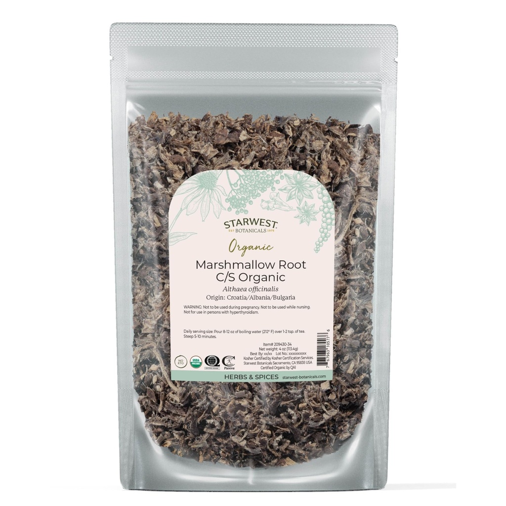 Starwest Botanicals Organic Marshmallow Root - 차, 느슨한 잎 뿌리 허브, 컷 및 Sifted, 공인 Kosher, Non-GMO - 4온스 파우치에 대한 건조 허브