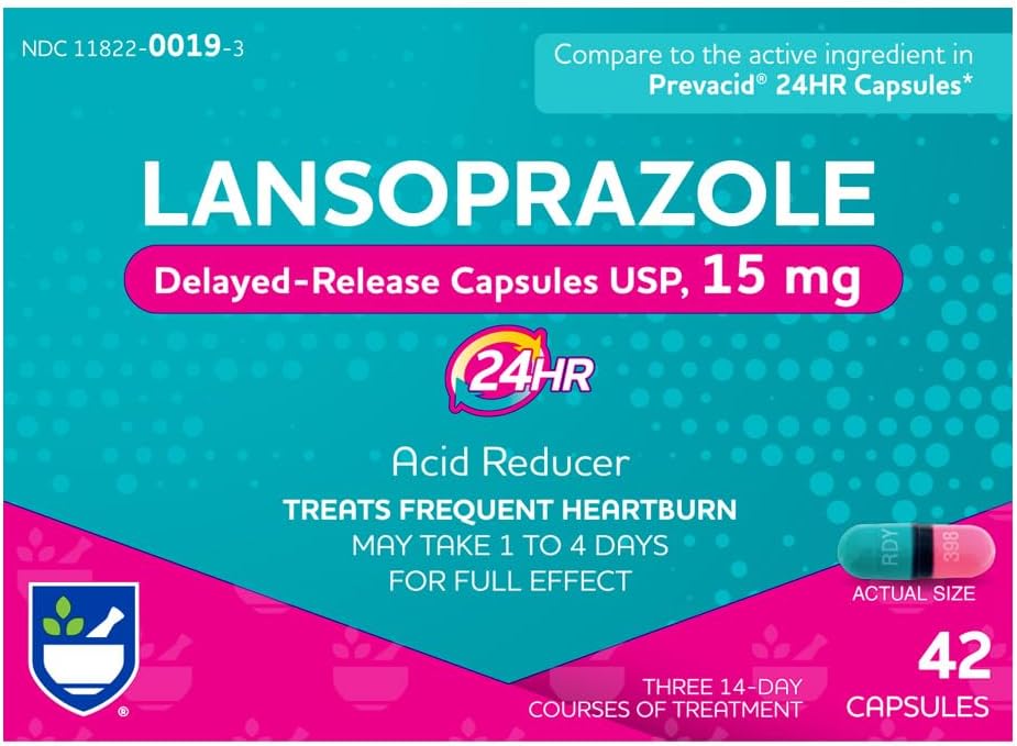 Rite Aid Lansoprazole 15mg - 42의 캡슐, 산성 흡진기 지연된 방출 캡슐 USP의 Heartburn 기복과 산성 Reflux의 기복의 24 까지 시간
