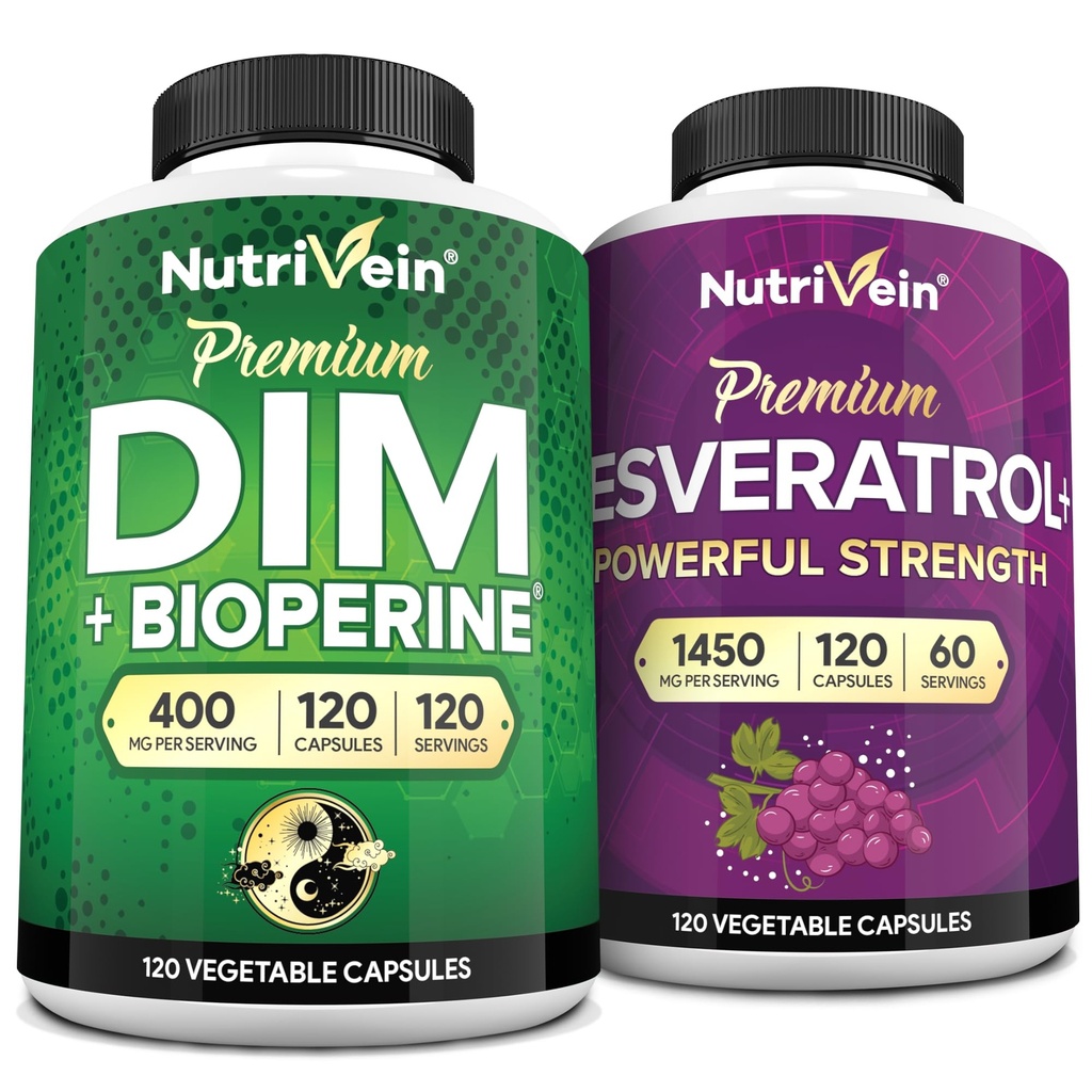 Nutrivein 프리미엄 Resveratrol 캡슐 및 DIM 보충 번들 : 높은 흡수 Resveratrol 보충 및 DIM 복구, 균형 및 활력