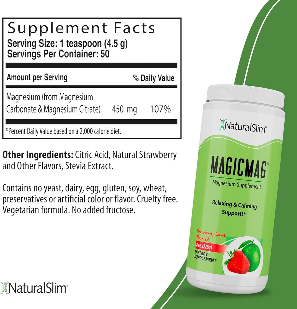 NaturalSlim Magicmag Pure Magnesium Citrate Powder – 스트레스, 변비, 근육, 심장 지원 | 자연적인 Strawberry & Lime flavored 마그네슘 보충 - 8oz 음료 혼합 (3 팩)