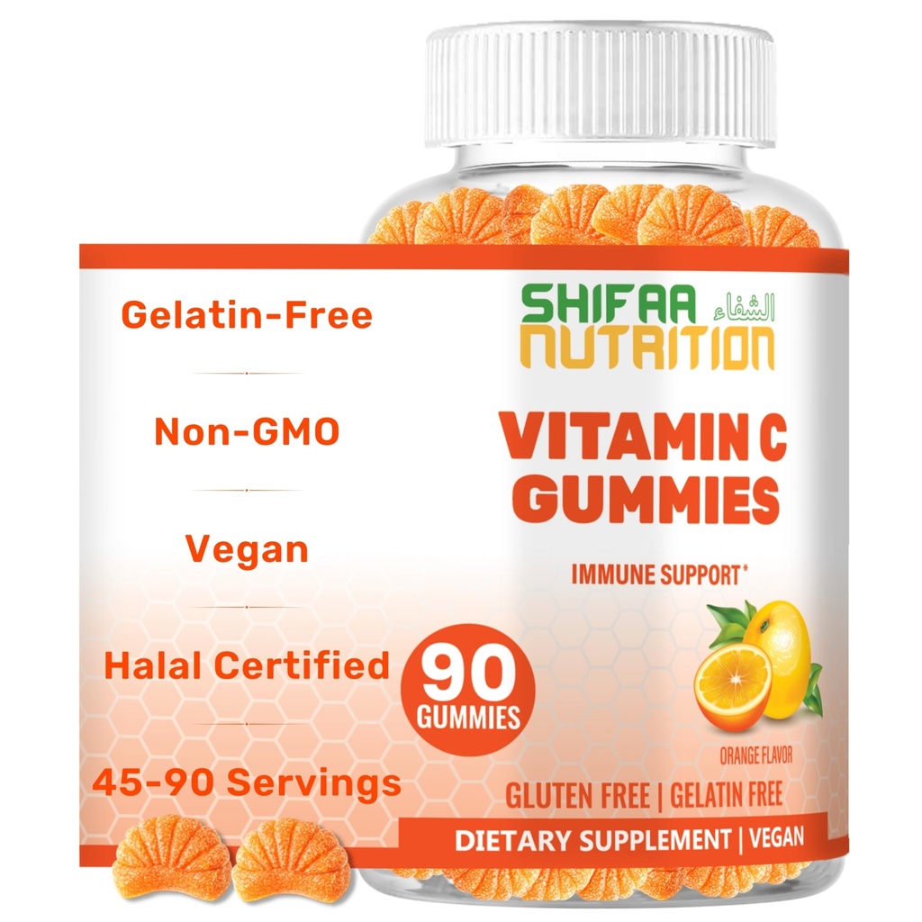 SHIFAA NUTRITION Vegan Vitamin C Gummies | 90 Gummies, 250mg 45 서빙 | Non-GMO | Gluten-Free, Gelatin-Free | Immune Support Gummies & Seasonal Support for Kids & Adults Halal Vitamins