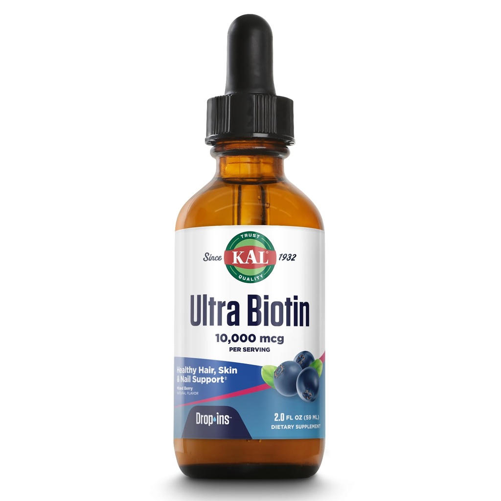 KAL Ultra Biotin 10000mcg DropIns, 액체 Biotin 드롭, 머리 성장 보충교재, 높은 힘 비타민 B7, 건강한 머리, 피부, 못 및 에너지 지원, 자연적인 혼합 베리 풍미, 대강 59 봉사, 2oz