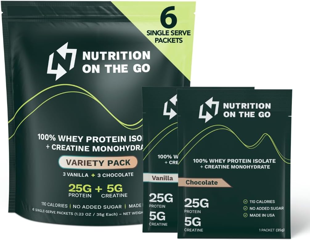 크레아틴을 가진 Go Whey Protein Isolate Packets에 영양 - 25g Protein + 5g Creatine - 단일 세이버 여행 단백질 분말 - 다양한 팩 (Vanilla & Chocolate) (6-Pack)