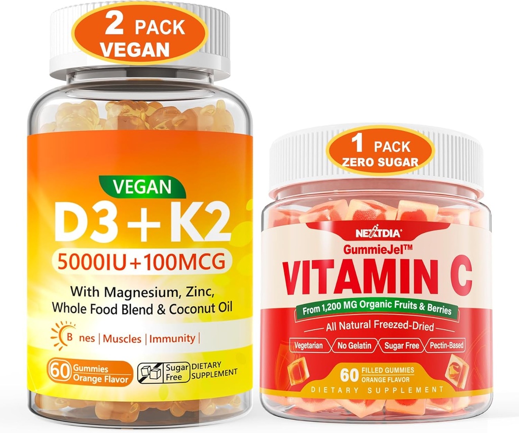 2 팩 Vegan 비타민 D3 5000IU K2 Gummies+ 1 팩 전체적인 음식 비타민 C Gummies