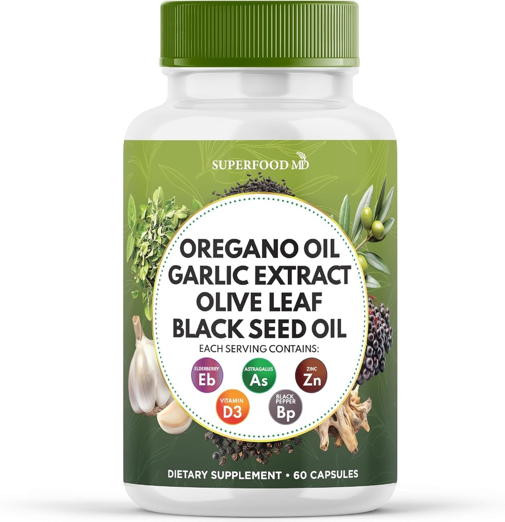 Superfood MD Oregano 기름 마늘 추출물 올리브 잎 검정씨 기름 Astragalus-를 위한 여자와 남자 60 조사