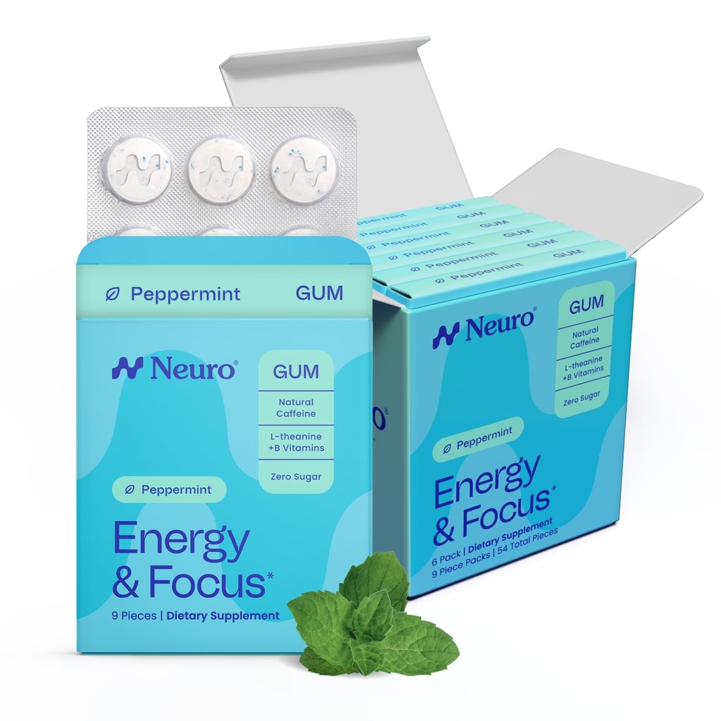 NeuroGum Energy & Focus Gum (54 Count-6 Pack, Peppermint) | 40mg 천연 Caffeine + L-Theanine + 비타민 B12 & B6 + Xylitol | 설탕 무료 Nootropic Cognitive 두뇌 성능 보충