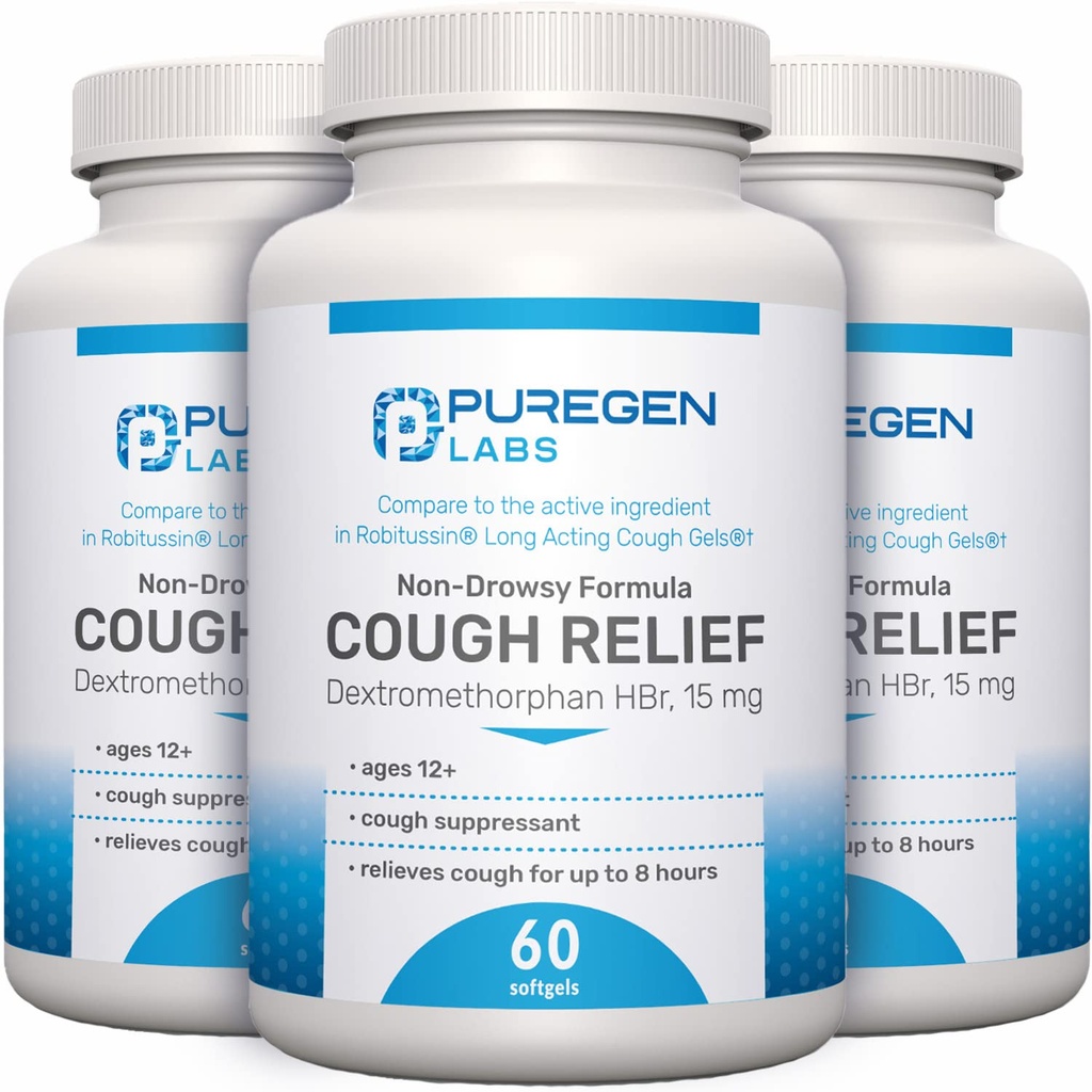 P Puregen Labs Cough Relief for Adults Dextromethorphan HBr 15mg | 8-Hour, Non-Drowsy, Long-Lasting Bronchial Suppressant | 12세 이상 | Robafen and Robitussin - 3 팩 | 총 180 Softgels
