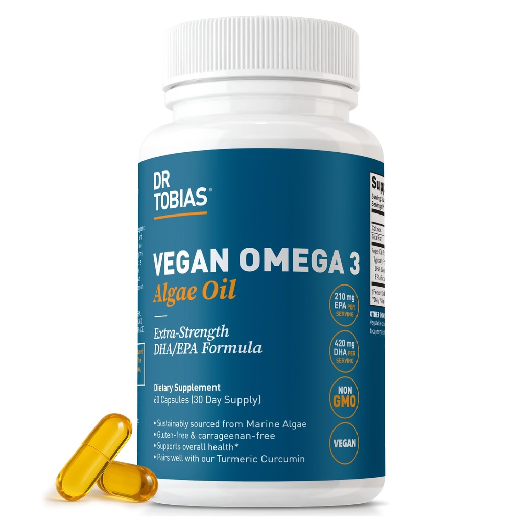 Tobias Vegan Omega 3 보충교재, 1400mg 조류 기름, 420mg DHA 및 봉사 당 210mg EPA, 비 GMO, 글루텐 자유로운, Carrageenan 자유로운, 60의 캡슐, 30의 서빙