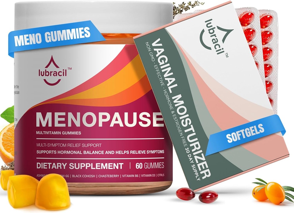 Lubracil Menopause Gummies & Daily Moisturizer 번들 - 핫 플래시, 나이트 스웨터, 질 건조 및 블랙 코호쉬, Ashwagandha, 오메가 오일 및 바다 Buckthorn과 함께 호르몬 무료 지원