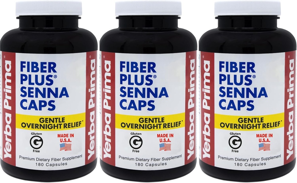 Yerba Prima Fiber Plus Senna Capsules, 180 Count (Pack of 3) - 118 Gentle Overnight Relief, USA Made, Non-GMO, Short-Term Use to Restore Regularity 사용