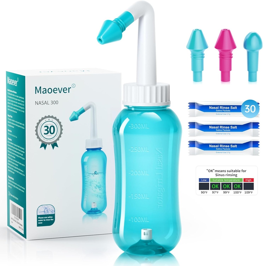 Neti Pot Sinus Rinse Bottle Nose Wash Cleaner Pressure Rinse Nasal Irrigation for Adult & Kid BPA 30 Nasal Wash Salt Packets 및 스티커 온도계가있는 300 ML