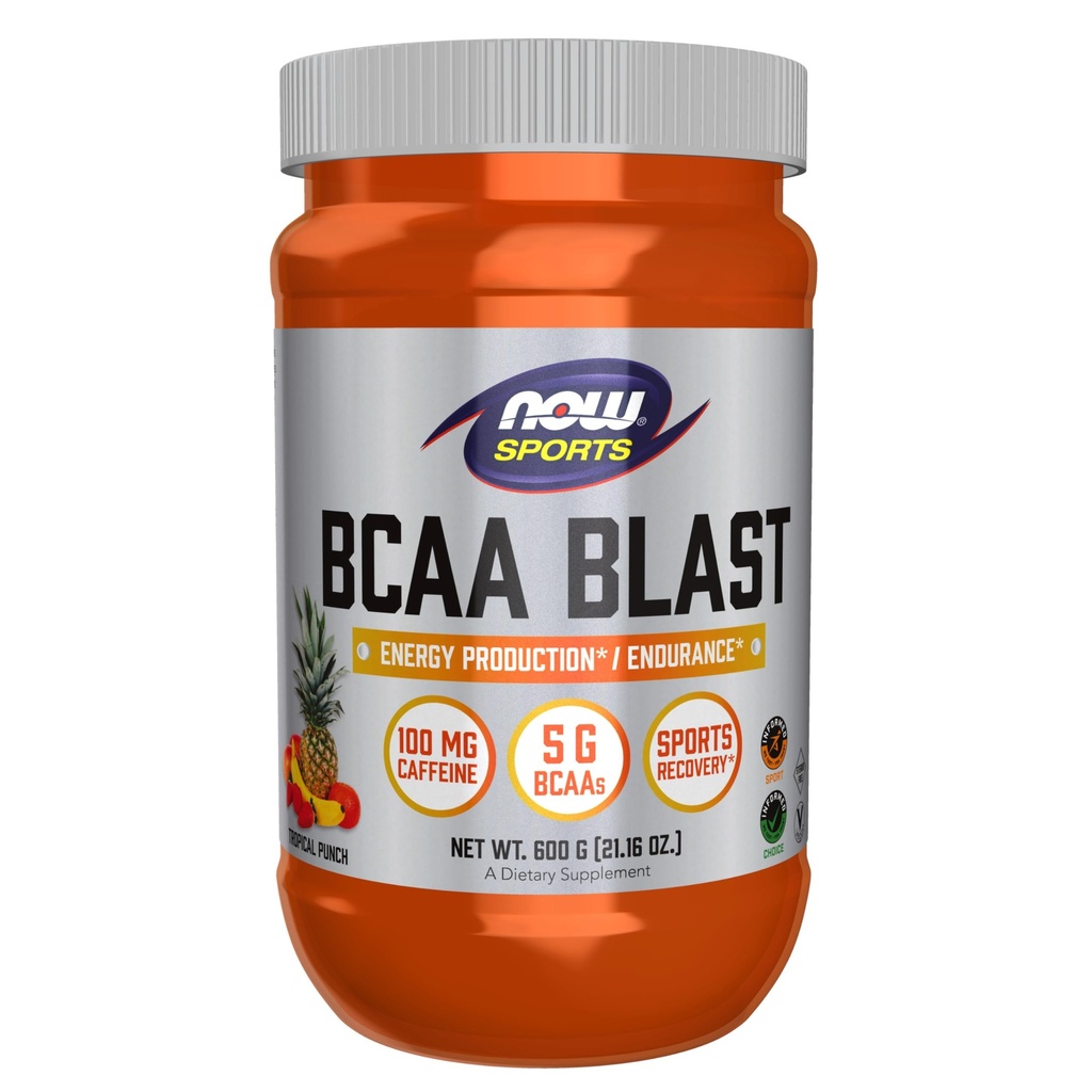 지금 음식 스포츠 영양, BCAA 폭발 분말, 5 g BCAA, 100 mg 카페인, 열대 펀치, 600-Grams