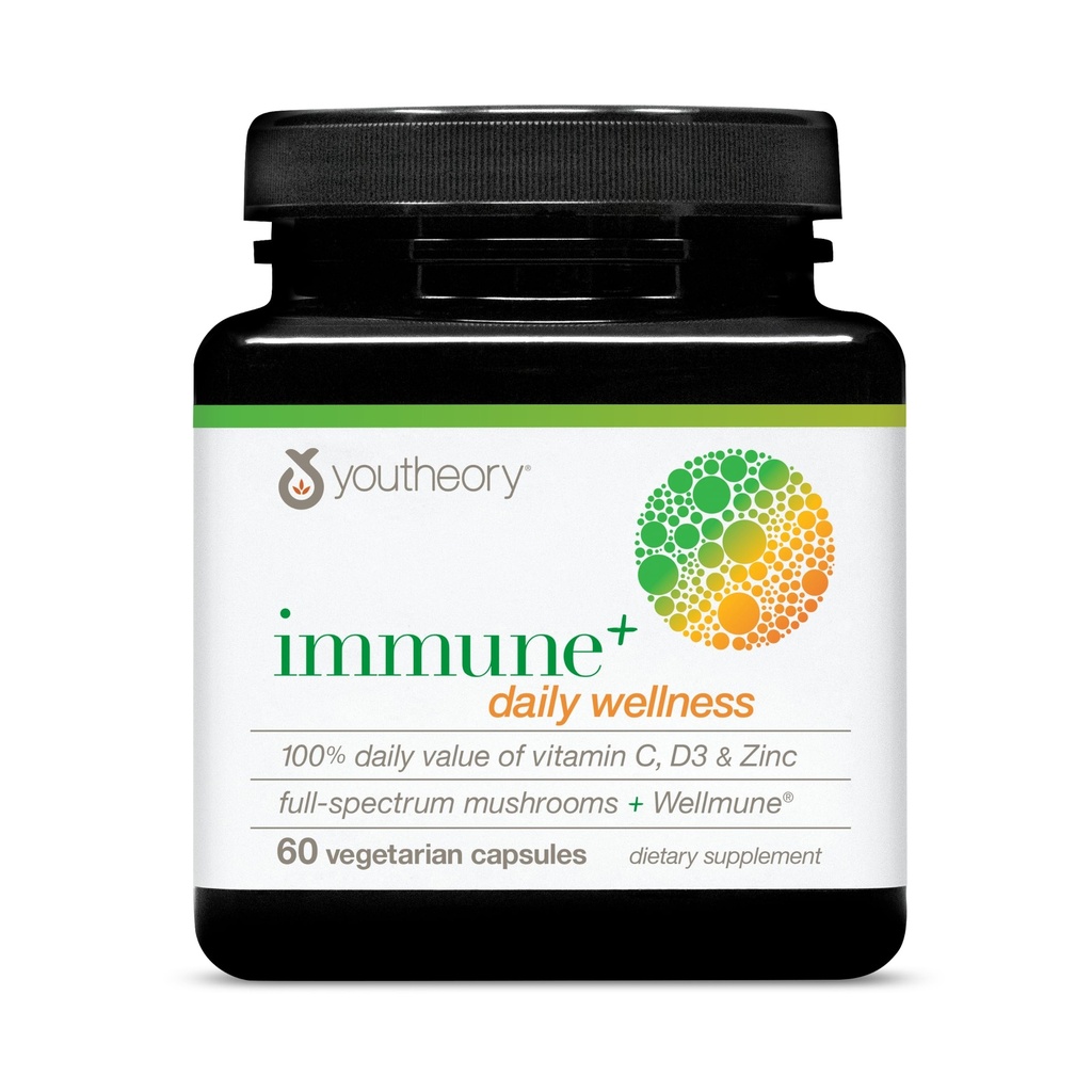 Youtheory Immune+ Daily Wellness - 비타민 C, 비타민 D3 및 아연을 가진 채식 면역 지원 보충교재 * - 터키 꼬리, Cordyceps & Reishi - 60 채식 모자를 가진 버섯 보충교재