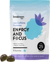 Breakroom Labs 에너지 및 초점 Gummies – 낮은 카페인 25mg w/L-Theanine, Lions Mane, 비타민 B12 - 성인, 아이를위한 Nootropic 두뇌 보충 - Vegan, 낮은 설탕, 블루 라즈베리 맛, 15 서빙