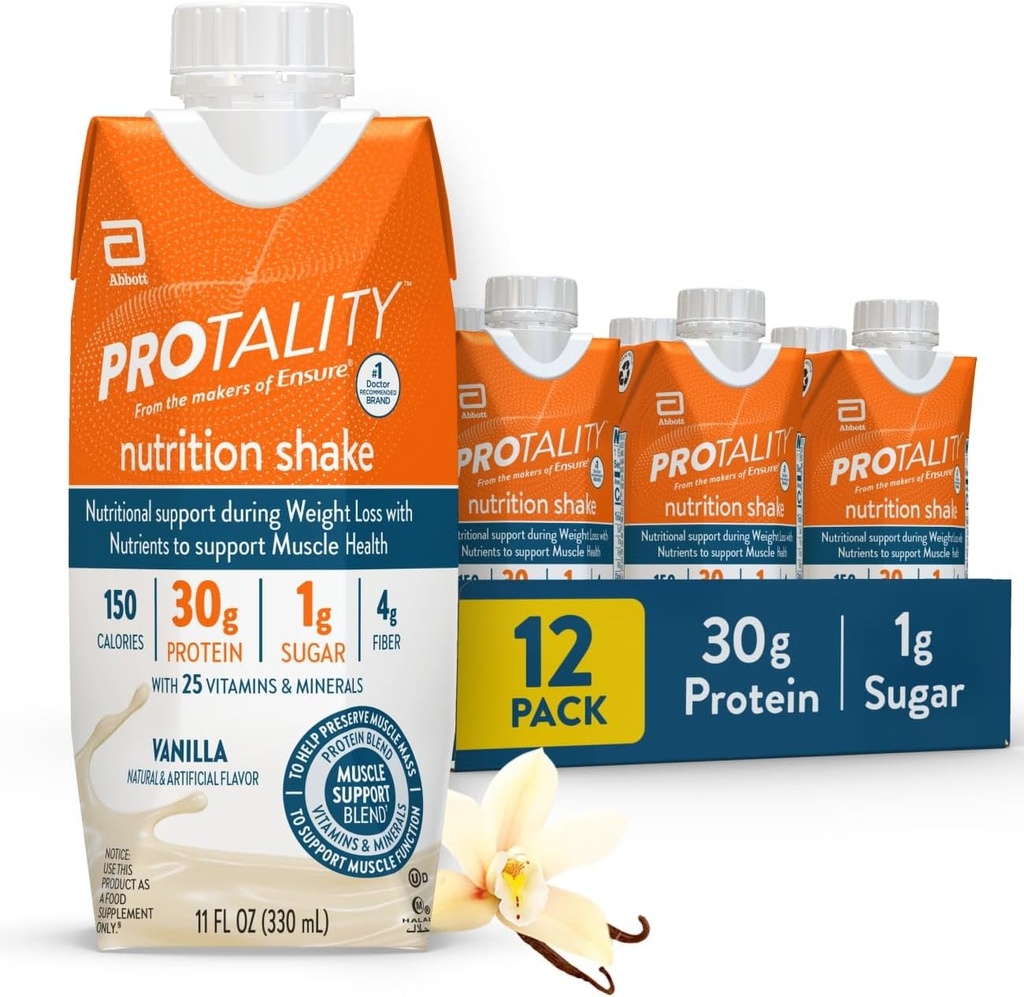 바닐라 영양 쉐이크 | 30g Protein, 1g Sugar | 체중 감량 중에 근육 건강을 위한 영양 지원 | 12 Pack