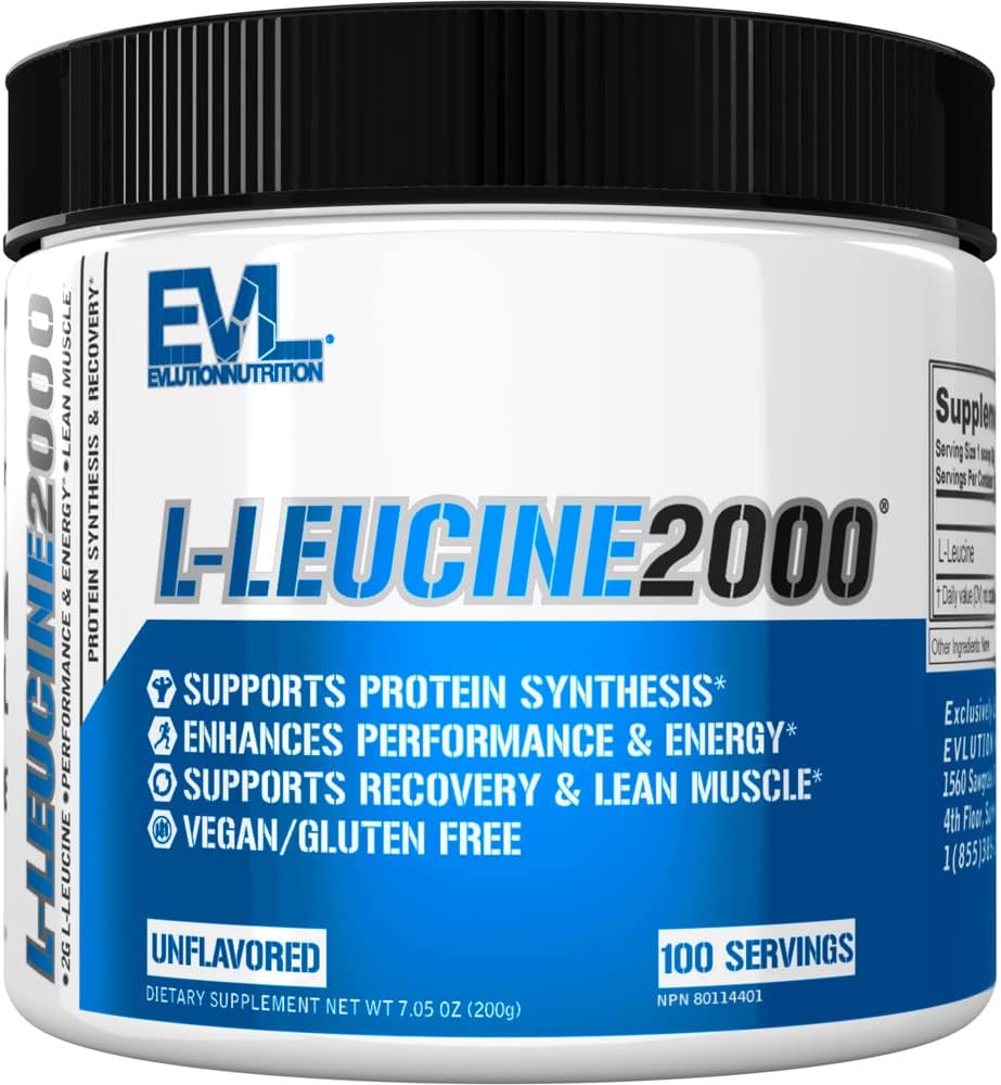 Evlution Nutrition L-Leucine 2000 - 단백질 합성, 회복 및 근육 지원 - 성능 및 에너지 - 2000mg L-Leucine - 글루텐 무료 & Vegan - 불쾌한 다이어트 보충 분말 - 100 서빙