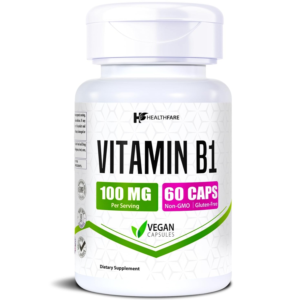 Healthfare Vitamin B1 100mg | 60 캡슐 | 티아민 보충 | 지원 전체 건강 | 비 GMO | 글루텐 무료 (60 캡슐)