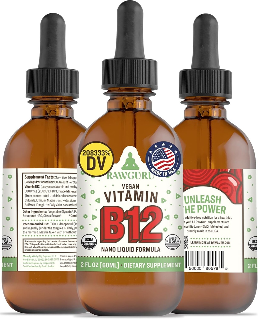 RawGuru 비타민 B12 액체 보충 - Trace 무기물과 유기 Vegan 액체 B12 - 나노 가공 산화 방지제 및 면역 지원 보충 Tincture - 60 ml 당 Vegan 드롭의 60 서빙, 1 팩