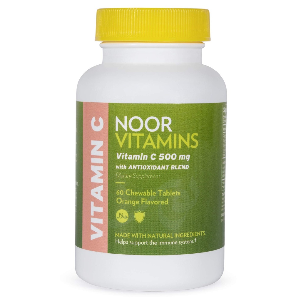 Noor Vitamins 500 MG Halal 비타민 C Chewable 정제 + 로즈 엉덩이와 산화 방지제 I는 Immune 체계 I Vegan, 글루텐 자유로운 & Halal 비타민 60 오렌지 맛을 내는 Chewable 정제 I 2 달 공급을 지원합니다