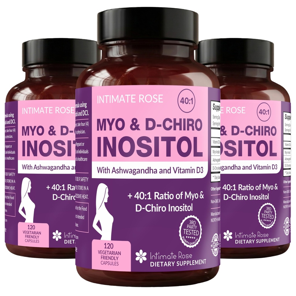 Intimate 로즈 Myo-Inositol & D-Chiro Inositol 혼합 - 40 : 1 혼합 비율 - Women's Daily Wellness Support - 비타민 D & Ashwagandha, 3 병