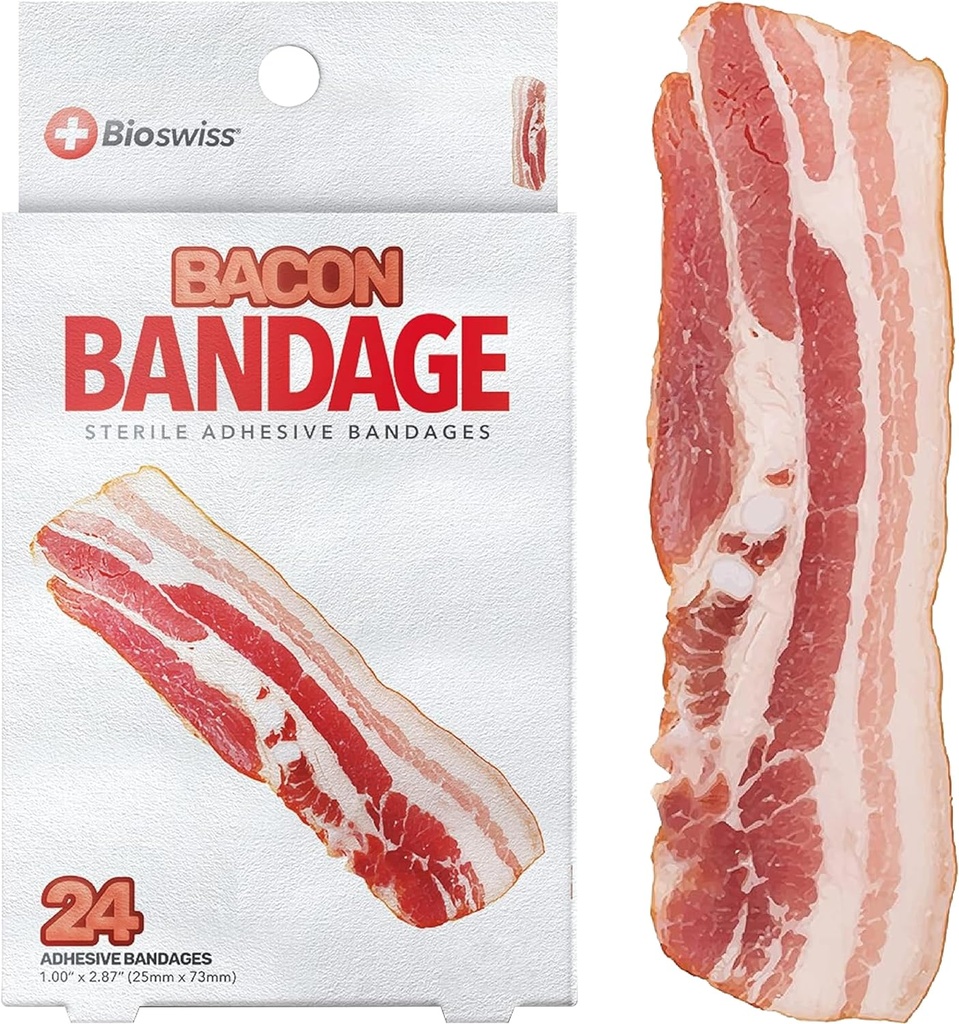 BioSwiss Kids Bandages, Bacon 모양의 자동 접착 붕대 세트, 라텍스 무료, Sterile Wound Care, 24 카운트
