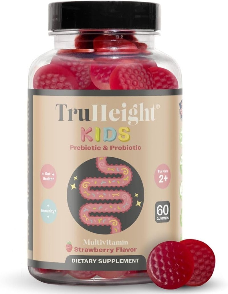 TruHeight Kids Prebiotic & Probiotic Gummies Ages 2+ (딸기 풍미) 유아 & 아이 모든 자연적인 Gut 건강, 소화 효소 & 변비 완화 보충교재 - 소아과 추천된 비타민