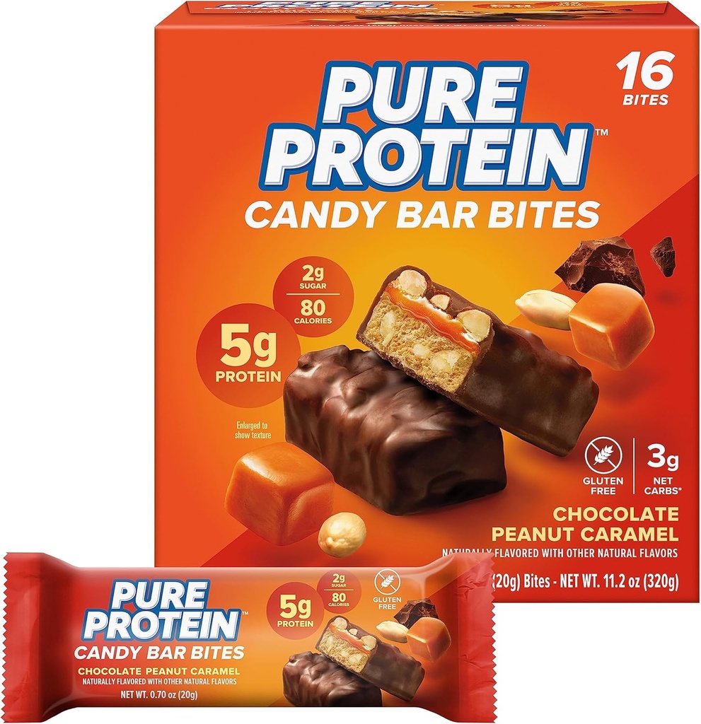 순수한 단백질 사탕 막대기 조금, 초콜렛 땅콩 Caramel, 5g 단백질, 글루텐 자유로운, 낮은 설탕, 0.70 oz, 16 팩 (포장 May Vary)