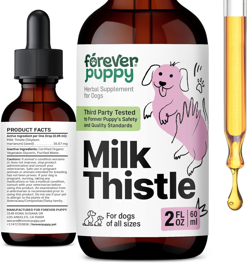 Forever Puppy Milk Thistle Supplement for Dogs - 우유 이틀 추출물이있는 개를위한 간병 지원 - Silymarin 보충제 및 작은 큰 중간 품종을위한 비타민 - Canine Liver Detox Drops - 2 oz