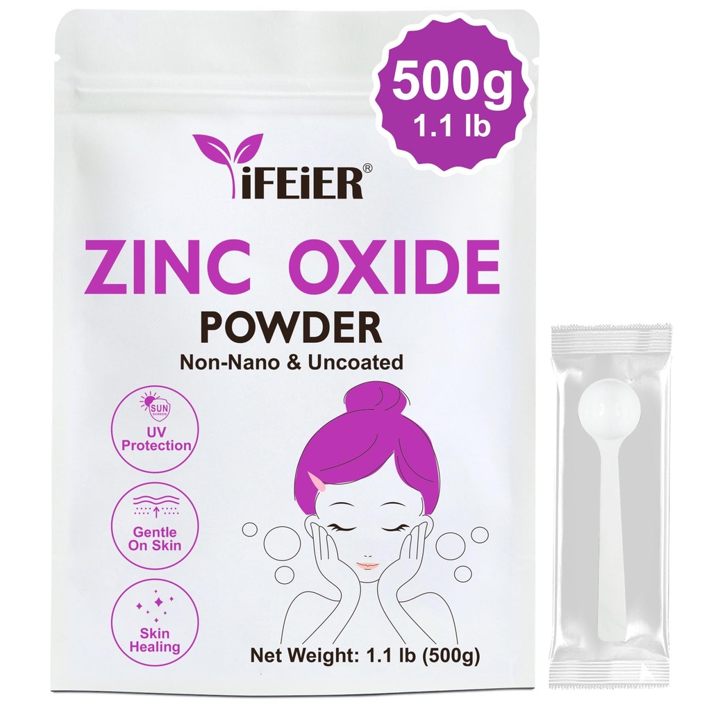 iFEiER 아연 산화물 분말 | 500g (1.1 lb) 100% 순수한 비 나노 피부 보호를 위한 Uncoted 아연 산화물 분말 | DIY 선 스크린, 로션, 탈취제 및 skincare를 위한 화장품 급료 이상