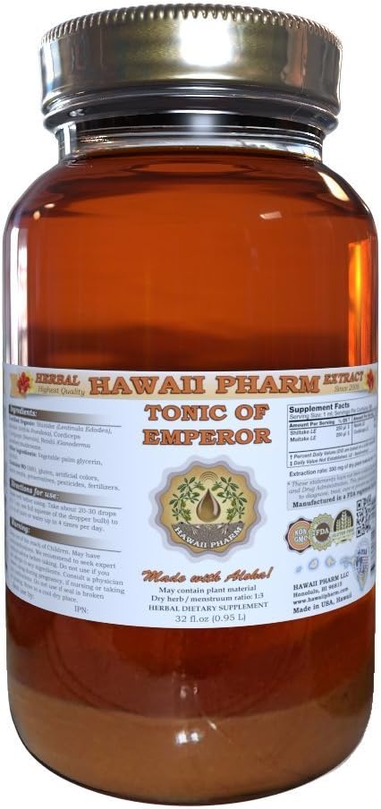 HawaiiPharm Shiitake, Maitake, Cordiceps, Reishi 액체 추출, 유기 건조 Shiitake, Maitake, Cordiceps, Reishi Tincture, 허브 보충, 미국에서 만든 32 fl.oz
