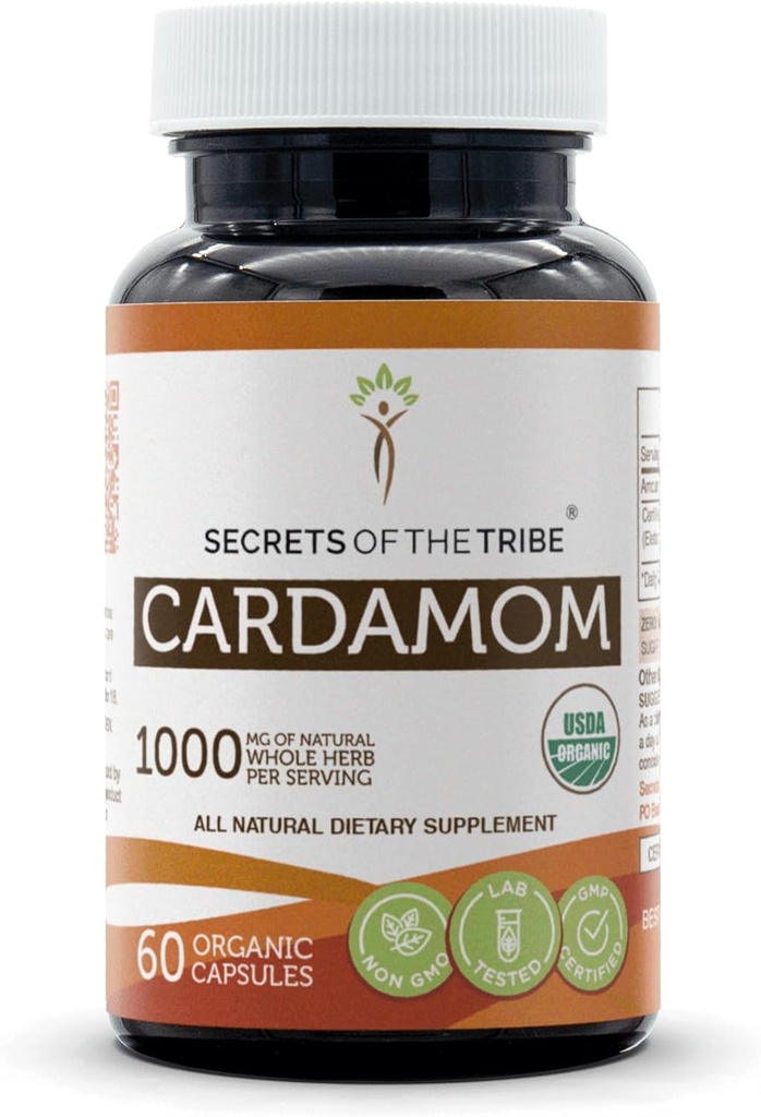 Tribe Cardamom 60 캡슐의 비밀, 야채 캡슐 및 USDA 유기 Cardamomum (Elettaria cardamomum) 건조 포드 (60 캡슐)