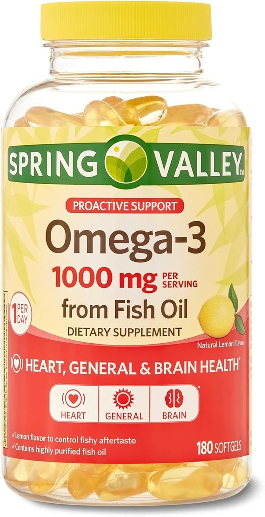 물고기 기름, 심장, 뇌 건강, 레몬, 180 Softgels에서 봄 밸리 Omega-3 1000 mg