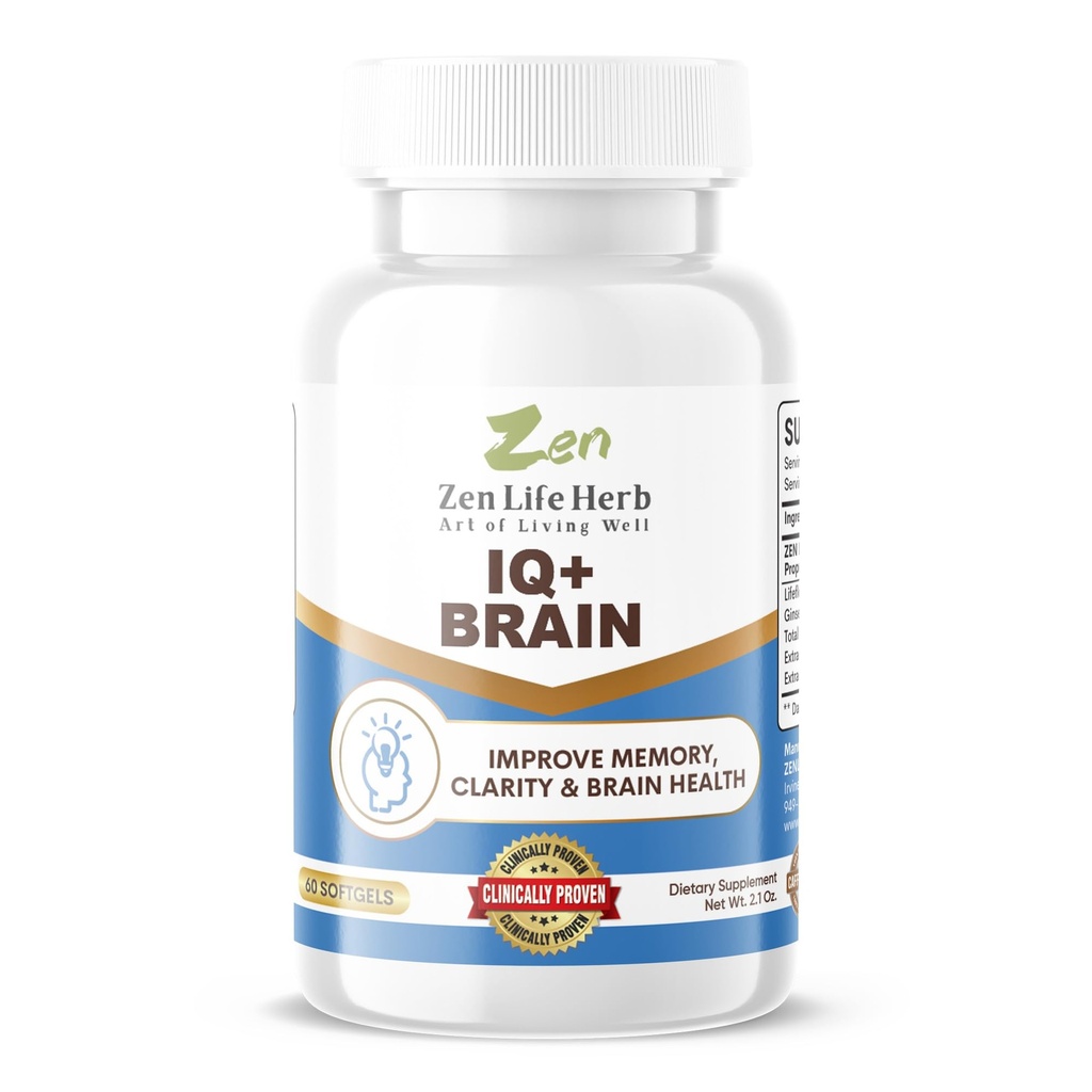 ZEN LIFE 하이브 IQ+ 뇌 - Caffeine-Free, 임상 시험된 초점, 농도, 기억 & 에너지, 자연적인 식물 근거한 초본 보충교재, 추가된 비타민/Minerals/Mushroom/Sugar (60 Softgels) 없음