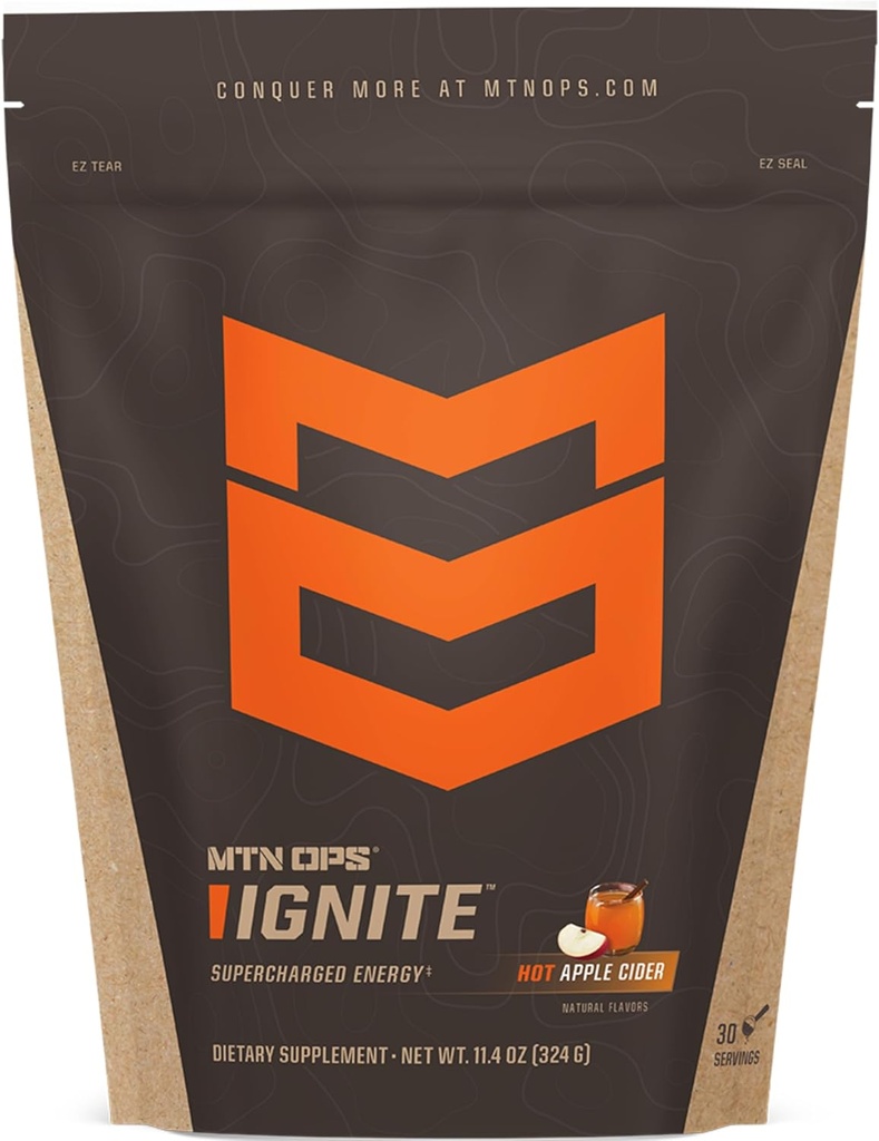 MTN OPS 뜨거운 Ignite 인스턴트 커피 Nootropic & L-Arginine L-Citrulline for Cognitive Clarity, Mental Focus & Nitric-Oxide Boost | 서빙 당 200mg 카페인, 30 서빙 | Apple Cider