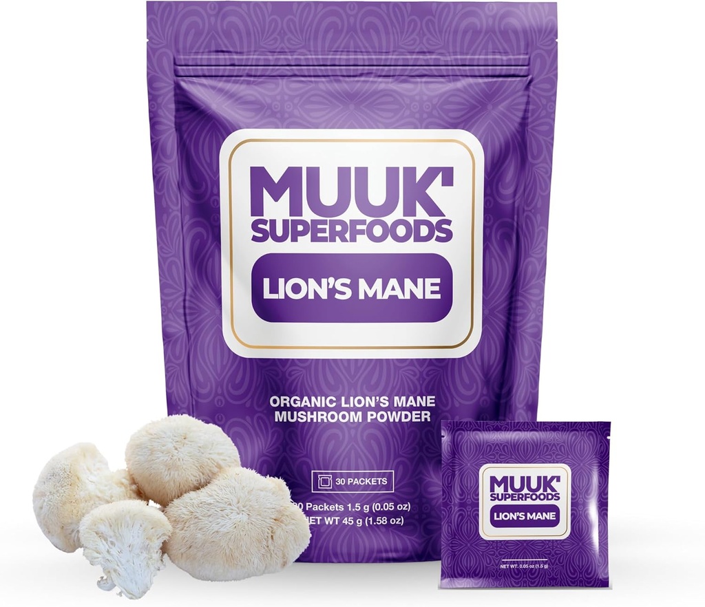 MUUK' SUPERFOODS | 유기농 라이온스 망 버섯 파우더 | 브레이스트 온-고 패킷 | 미국에서 제작 | 30 Sachets (1.5g)