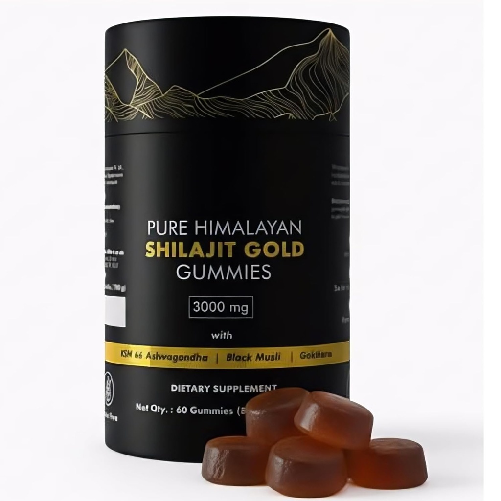 Pure Himalayan Shilajit Gummies Gold Grade | Ashwagandha & Fulvic Acid | 슈즈프리 에너지, 체력 및 남성용 면역 지원 | 85+ Trace Mineral | 비 GMO & 100% Natural | 60 Count