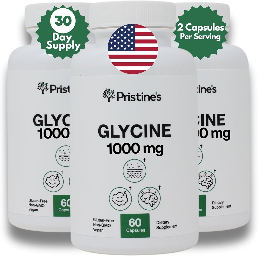 PRISTINE의 글리신 1000MG 아미노산 보충교재 수면 지원 캡슐 (3 팩) - 90 일 공급 - 근육 회복, 신장 건강 & 교원질 형성 생산 지원