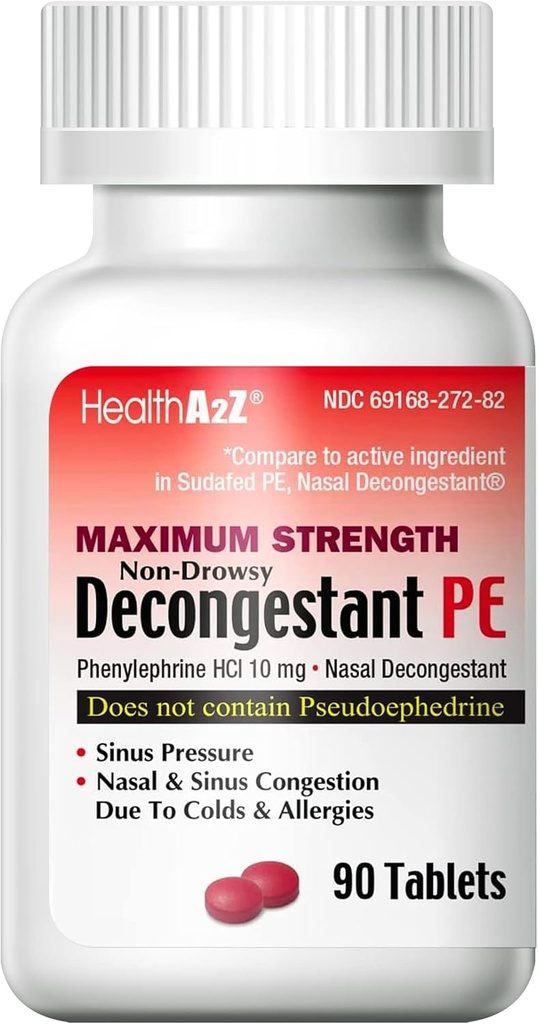 HealthA2Z® Decongestant PE | Phenylephrine HCl 10 mg | 최대 강도 | 비-Drowsy Nasal & Sinus Congestion Relief Due to Cold & 알레르기 (90 개)