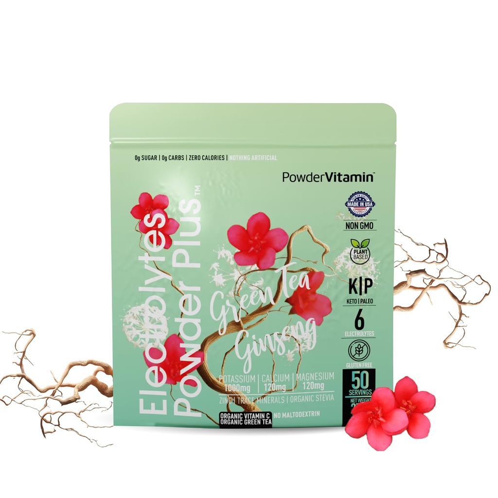 PowderVitamin Electrolytes 분말 플러스 (50 인분) 녹차 인삼 전해질 분말 Keto, 설탕 무료, 핑크 Himalayan 소금, 1000mg 칼륨, 120mg 칼슘, 120mg 마그네슘, 하이드로 션 분말