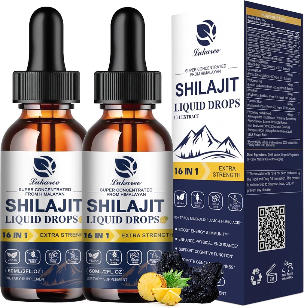 Lukaree 16-in-1 남성과 여성, Ashwagandha, Ginseng, Turmeric, Rhodiola, Amla, Sea Moss, 85 + 액체 비타민 보충 Trace 무기물과 Fulvic 산, 2 FL Oz (2 팩)