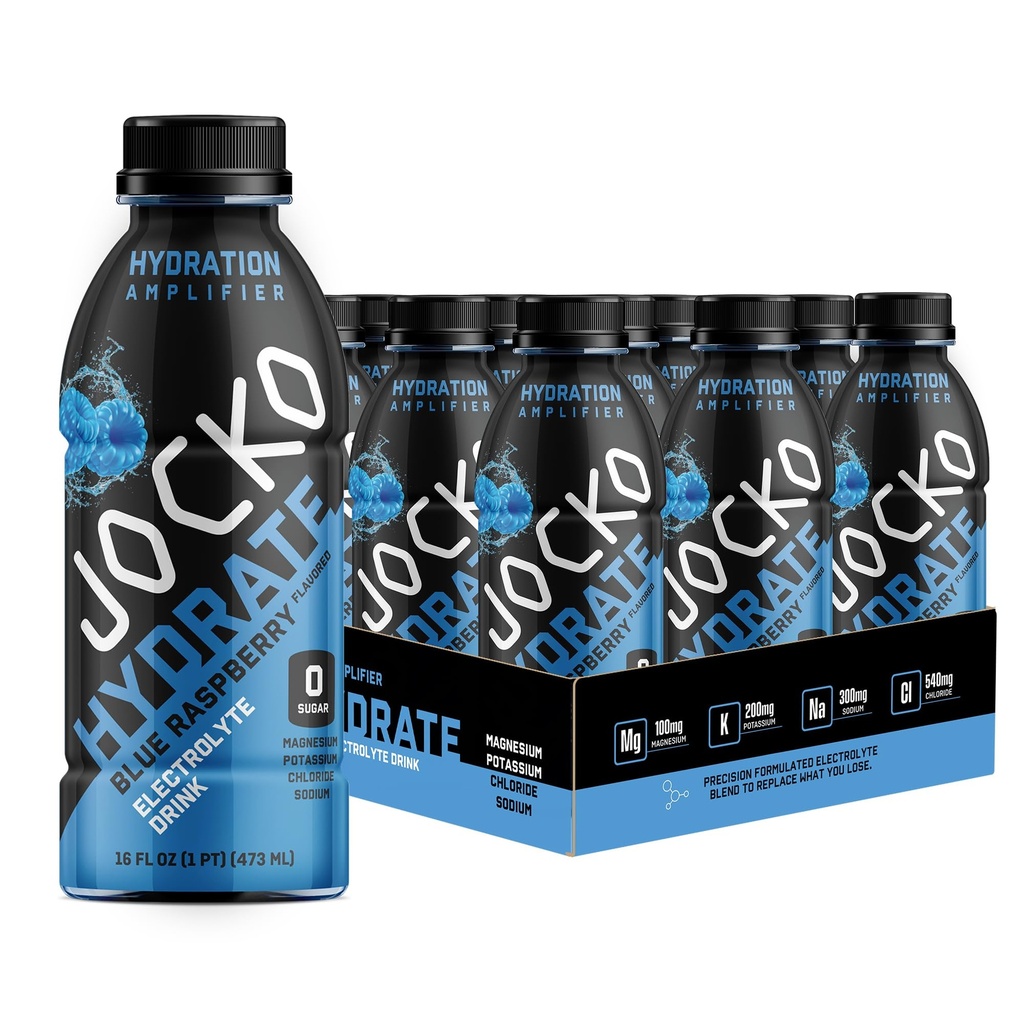 Jocko Fuel Hydrate Electrolyte 음료 - 스포츠 음료 Hydration 증폭기, Thirst Quencher - 과학적으로 공식화된 Electrolyte 혼합 블루 라즈베리 16 Oz (12 팩)
