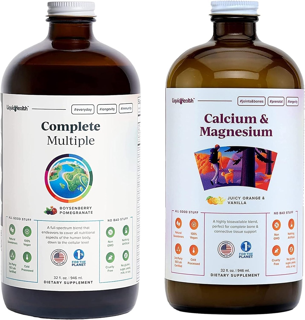 LIQUIDHEALTH는 성인을 위한 다수 Multivitamin & 칼슘 및 마그네슘 액체 비타민 뭉치를 완료합니다 - 전체적인 몸 건강, 면역 체계, 뼈 & 합동 지원 - 전체적인 음식, Vegan, 비 GMO, 미국 만드는